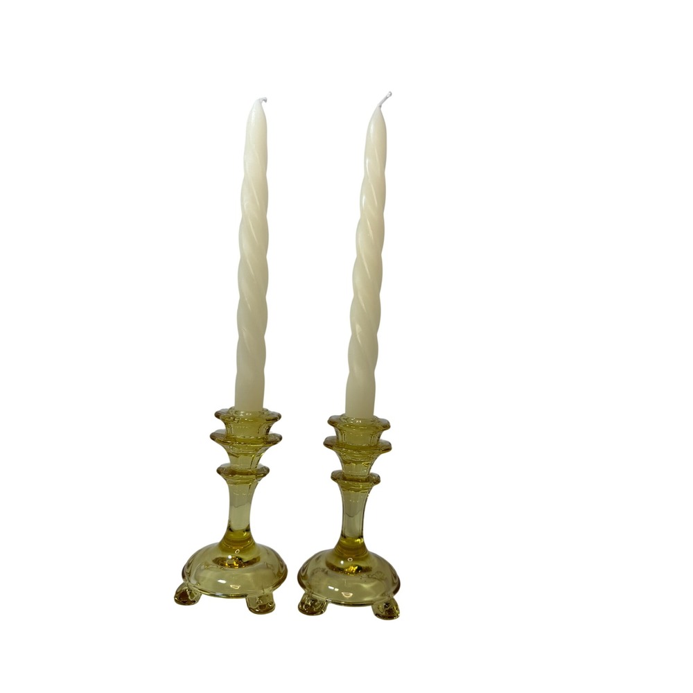 Vtg Fostoria Yellow Depression Glass Candlestick Holders Footed Pair 4.5 inch